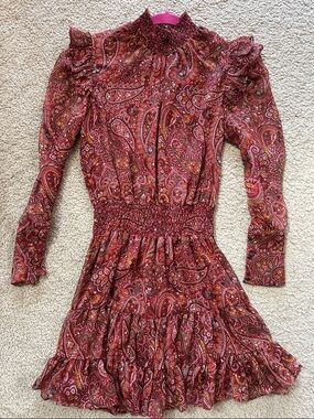 Misa Los Angeles Red Paisley Smocked Waist Mini Dress